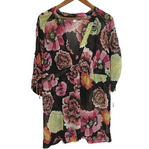 CABI #400 sz L Blouse V Neck Gum Boho Dark Short Sleeves Floral Black Multi